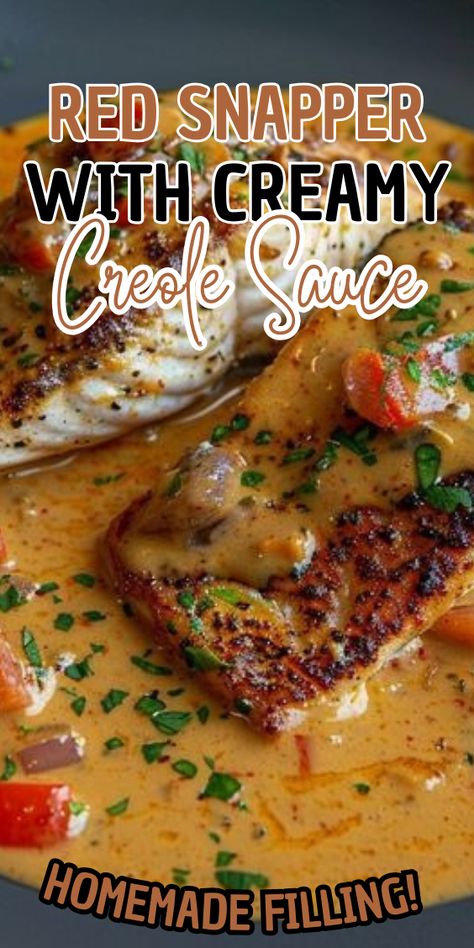 Red Snapper with Creamy Creole Sauce Red Snapper With Creamy Creole, Redfish With Cream Sauce, Keto Snapper Fish Recipes, Red Snapper Meal Ideas, Red Snapper Creamy Creole Sauce, Cajun Red Snapper Recipes, Cajun Fish Sauce, Healthy Snapper Recipes, Red Snapper In Creamy Creole Sauce