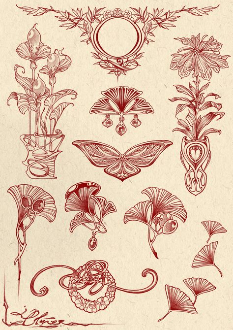 Art Nouveau Daffodil Tattoo, Art Deco Tattoo Design, Art Nouveau Ornaments, Art Nouveau Tattoos, Art Nouveau Packaging, Art Nouveau Tattoo Sleeve, Tattoo Filigree, Art Nouveau Floral Tattoo, Art Nouveau Flowers Illustration