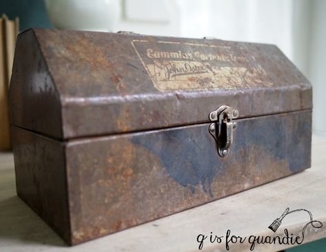 Repurposed Metal Tool Box Ideas, Metal Tool Box Ideas, Vintage Tool Box Decor, Marian Parsons, Old Tool Boxes, Shallow Shelves, Tin Bucket, Metal Tool Box, Rust Removal