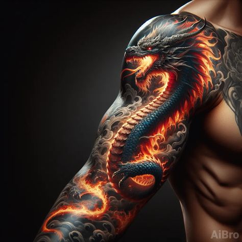 Colorful tattoo of a fire-breathing dragon drawn on a man’s muscular arm. I want to see a dragon that looks powerful, realistic and evokes an impression of strength and energy. Please create a realistic effect to make the dragon look lifelike and three-dimensional. Professional studio photography, studio lighting, high detail, sharp focus. Dragon On Fire Tattoo, Dragon Spitting Fire Tattoo, Lisbeth Salander Tattoo, Dragon With Fire Tattoo, Dragon Arm Tattoo For Men, Dragon Tattoos For Men Arm, Dragon Breathing Fire Tattoo, Fire Breathing Dragon Tattoo, Dragon Tattoo Color