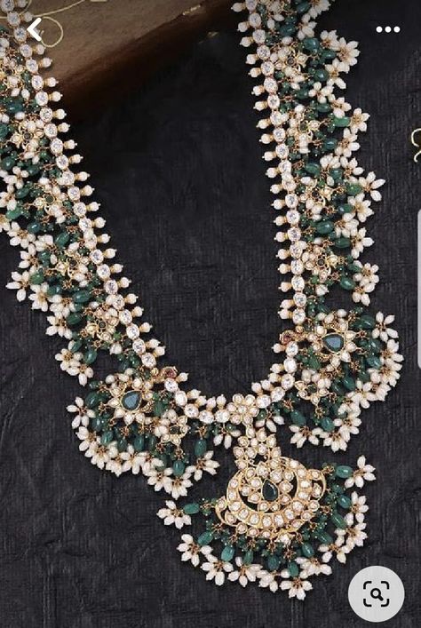 Gutha Poosalu Necklace, Green Guttapusalu, Gutta Pusalu Jewellery, Diamond Long Haram, Haaram Designs, Guttapusalu Haram, South Jewellery, Beaded Wedding Jewelry, Heavy Jewelry