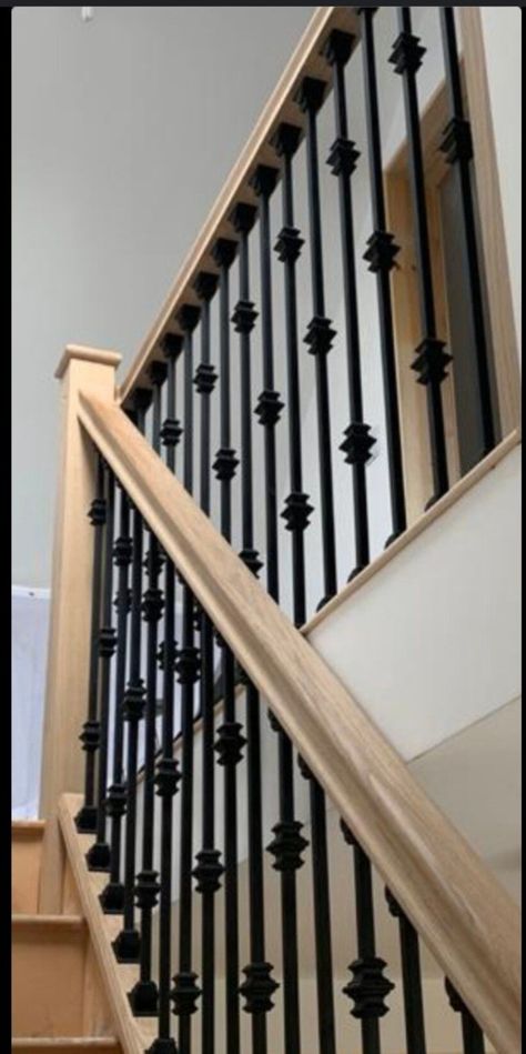 Staircase Ideas Black, Black Spindles, Metal Stair Spindles, Stair Spindles, Staircase Ideas, Grey Headboard, Metal Stairs, Staircases, Square Design