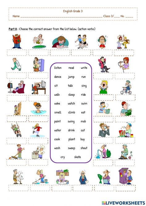 Present Simple For Kids, Simple Present Worksheet, Present Simple Worksheet, Live Worksheet, Action Verbs Worksheet, Verbs For Kids, Verbs Worksheet, Verbs In English, English Worksheets For Kindergarten