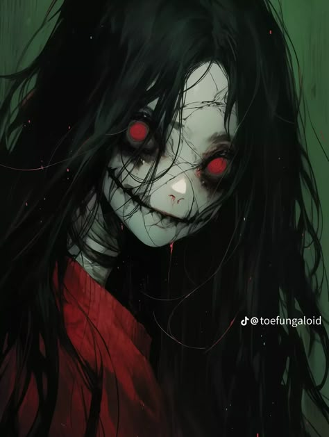 Horror Characters Female, Creepy Smile Drawing Reference, Horror Anime Pfp, Angry Pfp, Water Sparkle, Anime Horror, Smile Drawing, Creepy Smile, Japanese Pop Art