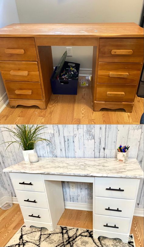 Desk Update Diy, Refinish Wooden Desk, Desk Revamp Diy, Desk Renovation Diy Paint, Desk Flipping Ideas, Desk Renovation Diy, Desk Before And After, Desk Flip Ideas, Upcycle Desk Ideas