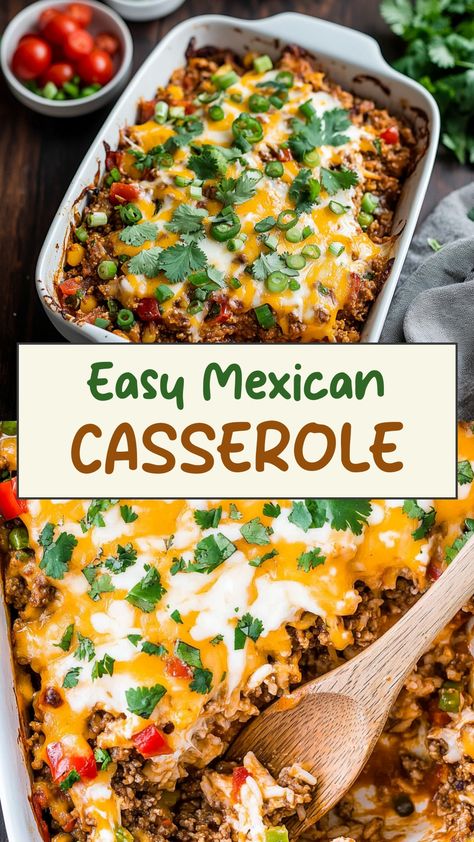 Indulge in the delicious flavors of a Mexican casserole that will satisfy your craving for a warm and comforting meal. This easy-to-make dish is packed with layers of savory ingredients like seasoned ground beef, melted cheese, corn tortillas, and zesty salsa. Perfect for busy weeknights or laid-back weekends, this Mexican casserole is sure to become a family favorite. Serve it with a dollop of sour cream and fresh cilantro for an extra burst of flavor. Simple Mexican Casserole, Mexican Potluck Dishes For Work, Mexican Fiesta Casserole, Mexican Casserole With Ground Turkey, Spanish Casserole Recipes, Best Mexican Casserole Recipes, Make Ahead Mexican Casserole, Mexican Inspired Recipes, Mexican Casseroles Dinners