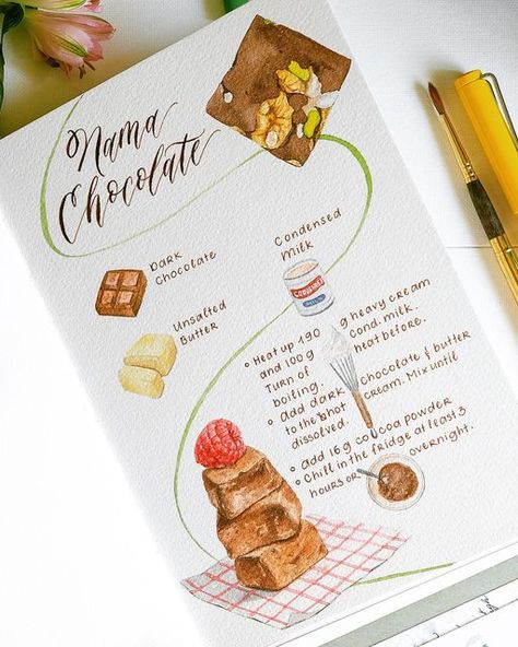 Thanh Huynh on Instagram: "🍫 NAMA CHOCOLATE 🍫 • I love to eat my chocolate with strawberry 🍓 and roasted almond 🫠 How about you? • A recipe layout for @onetsp.art 🖊 @joycalligraphy.art 🎨 @foodillustration.studio 📸 @maikhoi_mk _____ . . . #watercolorpainting #watercolour #brandplusbrandour #foodpainting #watercolorillustration #fooddrawing #watercolor_blog #watercolorartist #artist #watercolorartwork #foodillustration #foodart #sketchbook #everydaywatercolor #corporatebranding #artstagram Recipe Layout, Cartoon Recipe, Cooking Drawing, Recipe Graphic, Watercolor Recipe, Nama Chocolate, Scrapbook Recipe Book, Recipe Book Covers, Homemade Recipe Books