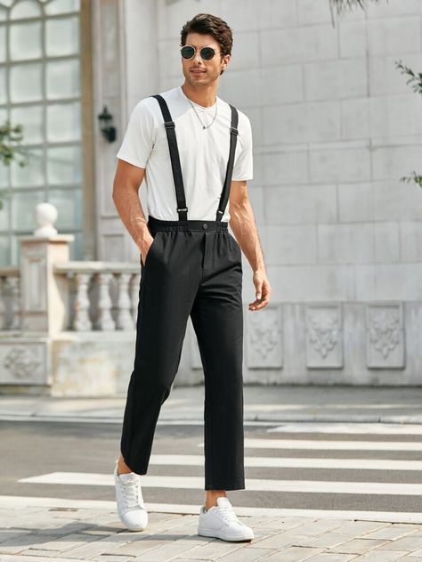 Strap Pants, Hype Clothing, Aesthetic Outfits Men, Pants Shirt Men, Suspender Pants, Men Wear, Men Pants, Black Dress Pants, Pant Shirt