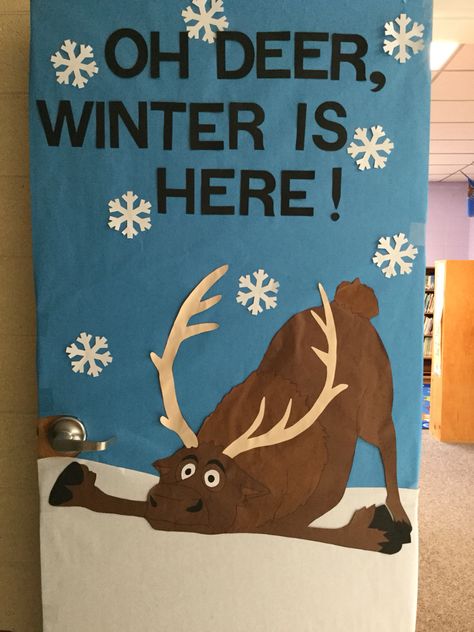 Oh deer, winter is here! Cute idea for bulletin board or door decor! Deer Bulletin Board Ideas, Oh Deer Winter Is Here Bulletin Board, Winter Door Decorating Ideas, Winter Bulliten Boards For School, Reindeer Bulletin Boards, Winter Bulletin Board Ideas, Winter Door Decorations Classroom, Winter Classroom Door, Holiday Classroom Decorations