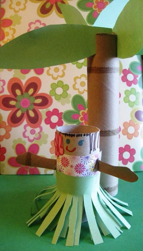 Hula Girl Paper Roll Craft with a Paper Roll Palm Tree // For more family resources visit www.tots-tweens.com! :) Luau Crafts, Hawaii Crafts, Hawaiian Crafts, Family Resources, Hawaii Theme, Roll Craft, Grass Skirt, Aloha Summer, Luau Birthday Party