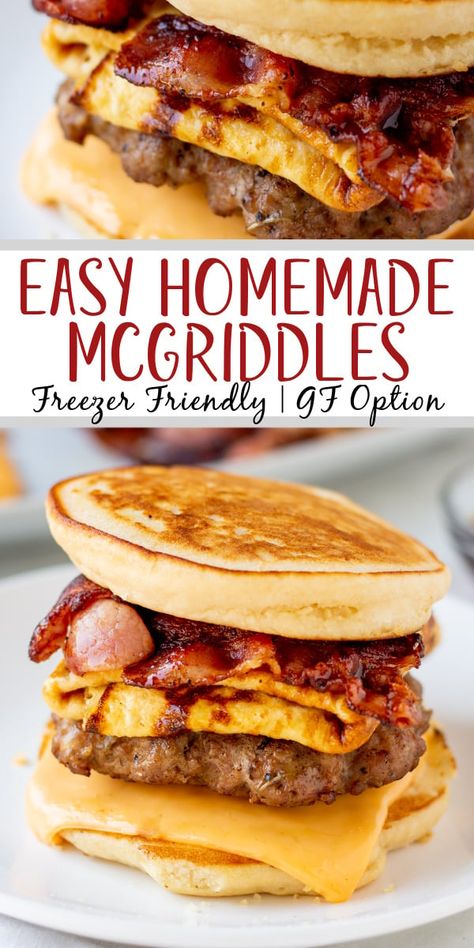 Prepped Breakfast Sandwiches, Good Breakfast Sandwiches, Easy Breakfast Sandwiches To Freeze, Breakfast Ideas For Husband Mornings, Homemade Breakfast Sandwiches To Freeze, Homemade Frozen Breakfast Sandwiches, Pancake Meal Ideas, At Home Mcgriddle, Gluten Free Mcgriddle