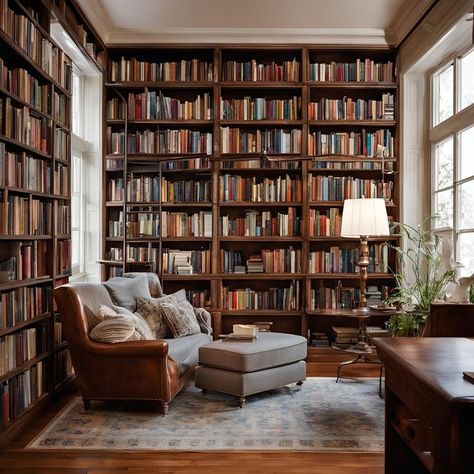 Home Library Living Room, Living Room Library Ideas, Library In House, In Home Library, Dream Home Library, Cozy Reading Chair, Cozy Home Library, Comfy House, Practical Home Decor