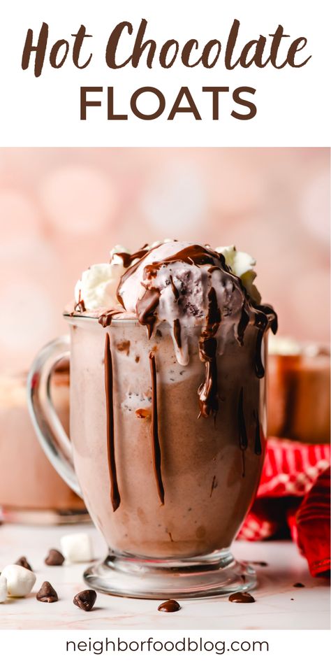 Hot Chocolate Floats are the perfect treat to make during the holiday season. This recipe combines two of our favorite things, hot chocolate and ice cream, for a sweet, frothy dessert the whole family will love. Hot Chocolate Floats Recipe, Hot Cocoa Milkshake, Fun Hot Cocoa Ideas, Coffee Shop Hot Chocolate, Hot Cocoa Ice Cream, Ice Cream Hot Chocolate, Fall Ice Cream Sundaes, Hot Chocolate Float, Hot Chocolate Business Ideas