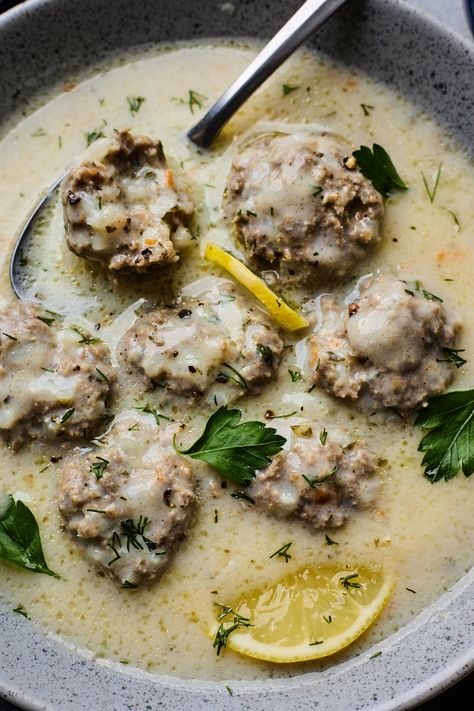 Youvarlakia Avgolemono (Lemony Greek Meatball Soup) | Olive & Mango Youvarlakia Avgolemono, Greek Avgolemono Soup, Greek Soup, Greek Sauce, Avgolemono Soup, Meatball Soup Recipes, Easy Taco Soup, Greek Meatballs, Chicken Gnocchi Soup