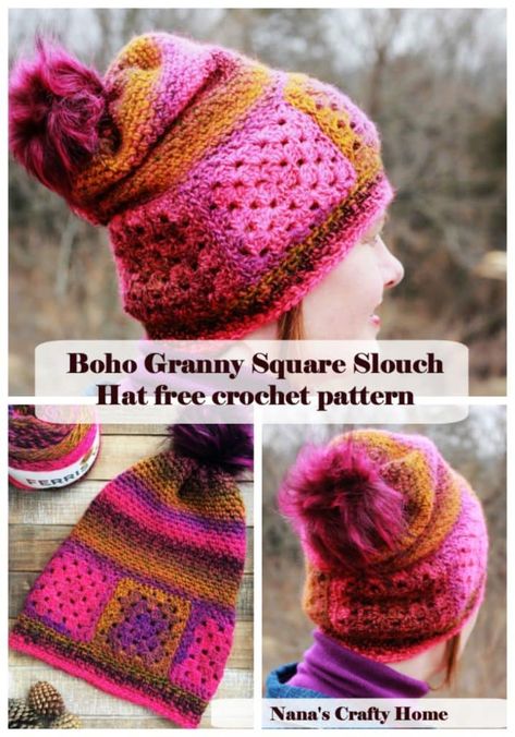 The Ferris Wheel Hat is a beginner friendly granny square hat with a boho casual feel. Starts with simple granny squares sewn together.  Gentle texture provided by the beginner friendly Moss Stitch for a gentle texture paired with beautiful ombre style yarn for a beautiful finish.  Slouchy hat can be changed up to a more fitted style easily.  Looks great with or without the fun pom pom!  #nanascraftyhome #crochet #crochethat #crochetfashion #bohohat Crochet Square Hat Pattern Free, Crochet Granny Square Beanie Free Pattern, Granny Square Beanie Free Pattern, Crochet Granny Square Hat Free Pattern, Granny Square Hat Pattern Free, Free Granny Square Pattern, Granny Square Beanie, Slouchy Crochet Hat, Free Crochet Granny Square