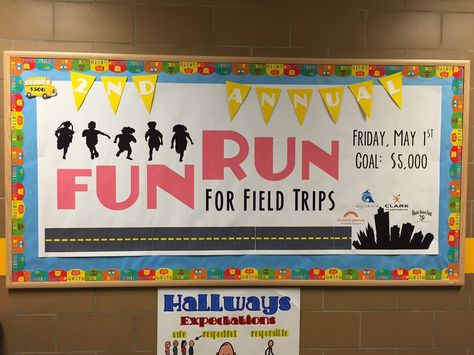 What 5 Teach Me: Fun Run Bulletin Board & Donations Chart PTA Apex Fun Run, Pto Bulletin Board, Pta Bulletin Boards, Pta Board, Pto Board, School Donations, Pta Events, Pta Moms, Elementary Bulletin Boards