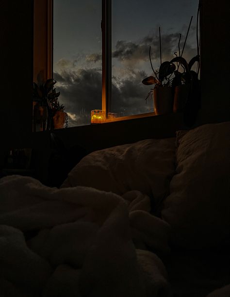 Rain From Home Window, Comfy Bed Aesthetic Rainy Day, Candlelit Bedroom Aesthetic, Nighttime Bedroom Aesthetic, Late Night Bedroom Aesthetic, Sleep Early Aesthetic, Aesthetic Room At Night, Relax Aesthetic Night, Sleeping Aesthetic Night