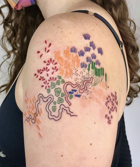 Coloured Tattoo Sleeve, Patchwork Tattoo Colorful, Color Line Work Tattoo, Colorful Elbow Tattoo, Healed Color Tattoo, Coloured Tattoos, Tattoo Perfume, Illusion Tattoo, New Tattoo Styles