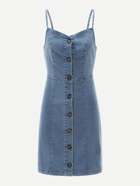 Single Breasted Spaghetti Strap Denim Dress | SHEIN Thrift Wishlist, Vestidos Jeans, Western Clothing, Womens Denim Dress, Denim Dresses, Denim Ideas, Pink Suit, Womens Denim, Pinafore Dress