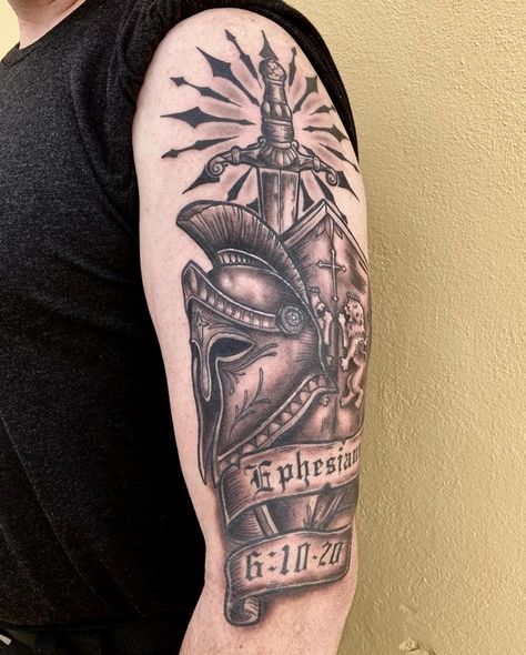 Armor of god Helmet tattoo God's Armor Tattoo, The Armor Of God Tattoo, Shield Of Faith Tattoo, Armor Of God Tattoos For Guys, Full Armor Of God Tattoo, Armor Of God Tattoo For Women, Armour Of God Tattoo, Armor Of God Helmet, Jp Tattoo