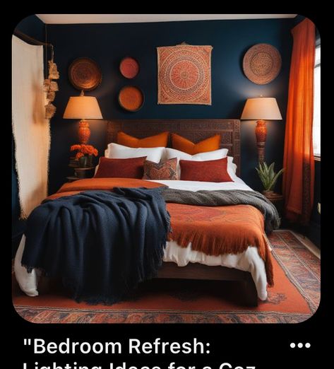 Orange And Charcoal Bedroom, Dark Blue And Orange Bedroom, Moody Bedroom Wall, Dark Green Moody Bedroom, Room Wall Paint Ideas, Burnt Orange Bedding, Burnt Orange Blanket, Maximalist Decor Wall, Cozy Moody Bedroom