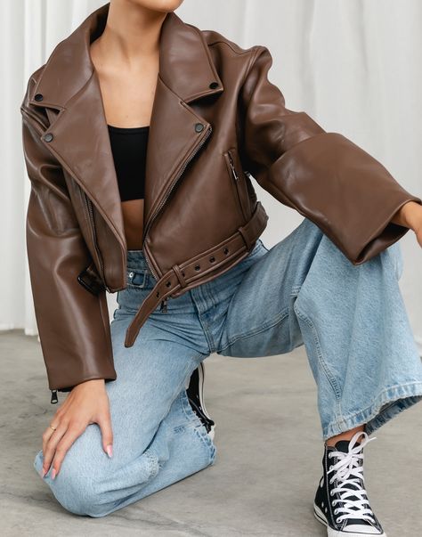 Jean And Crop Top Outfit, Outfits With Brown Jacket, Fitted Leather Jacket, Cotton Lycra Fabric, Charcoal Clothing, Cashmere Blazer, Bollywood Outfits, Brown Fits, Lycra Fabric