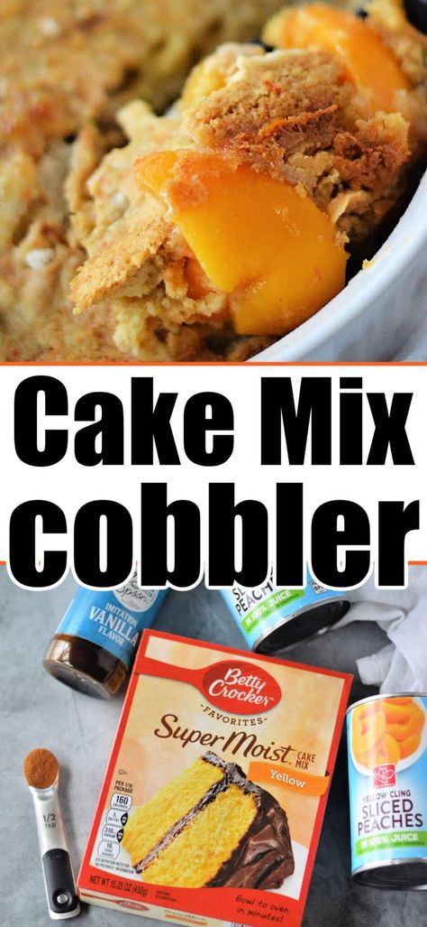 Easy peach cobbler with cake mix recipe is a great dump cake with boxed yellow cake mix and canned peaches or favorite fruit. Recipes With Canned Fruit, Yellow Cake Mix Desserts, Peach Cobbler Recipe With Cake Mix, Cobbler With Canned Peaches, Peach Cobbler With Canned Peaches, Cake Mix Peach Cobbler, Canned Peach Cobbler Recipe, Peach Cobbler Cake, Cake Mix Cobbler