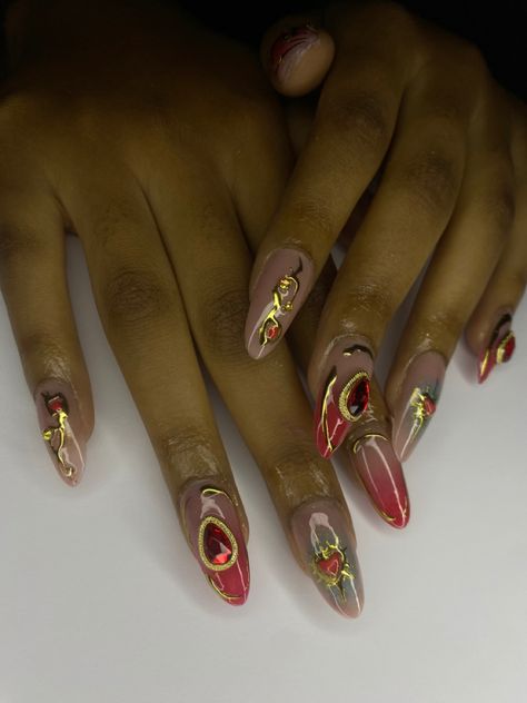 Almond Nails With Gold, Red Gold Nails, Nail Design Red, Ethereal Nails, Pink Almond Nails, Red And Gold Nails, Nails With Gold, Baddie Nails, Red Nail Designs