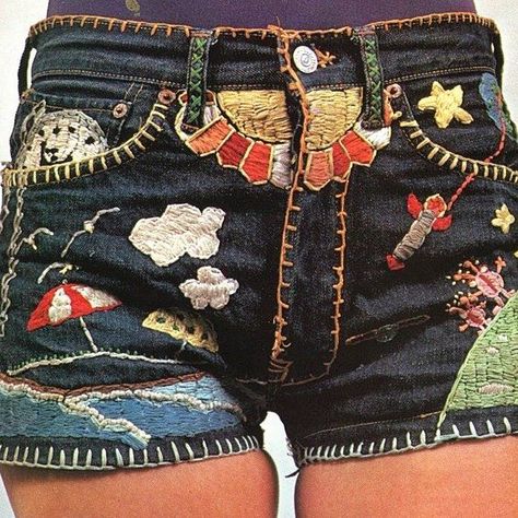 Image I scanned from 'American Denim: A New Folk Art' by Peter S. Beagle (1975)… Denim Ideas, American Denim, Jeans Diy, Embroidered Clothes, Embroidered Shorts, Embroidered Jeans, Art Textile, Embroidery Inspiration, Diy Embroidery