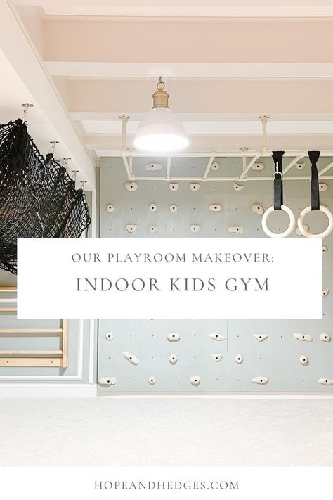 This mom of 6 turned an old basement into a much-loved Indoor Kids Gym featuring a kids climbing wall, climbing wall ladder, cargo net, monkey bars, and rings. A basement makeover that any kid will love! Let's dive into the details of this kids climbing wall playroom makeover! Basement Climbing Gym, Indoor Jungle Gym Diy Basement, Cargo Net Playroom, Basement Indoor Playground, Indoor Playground Playroom, Indoor Kids Gym Playroom, Basement Climbing Wall, Older Kid Playroom Ideas, Basement Climbing Wall For Kids