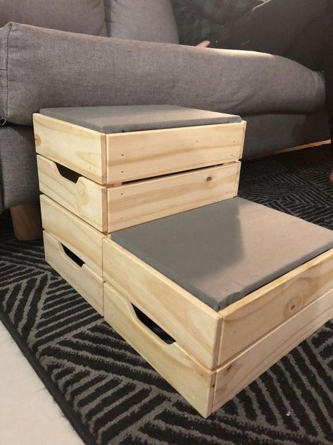 dog room decor #dogroomdecor Ikea Dog, Ikea Crates, Dog Steps For Bed, Dog Ramp For Bed, Koti Diy, Dogs Diy Projects, Crate Diy, Dog Diy, Dog Stairs