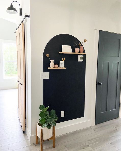 Hallway Chalkboard Wall, Chalkboard Wall With Shelves, Painted Arch On Wall With Shelves, Chalkboard Office Wall, Black Arch Wall Paint, Command Center Dining Room, Painted Arch Command Center, Chalkboard Wall Bedroom Ideas, Chalkboard Accent Wall