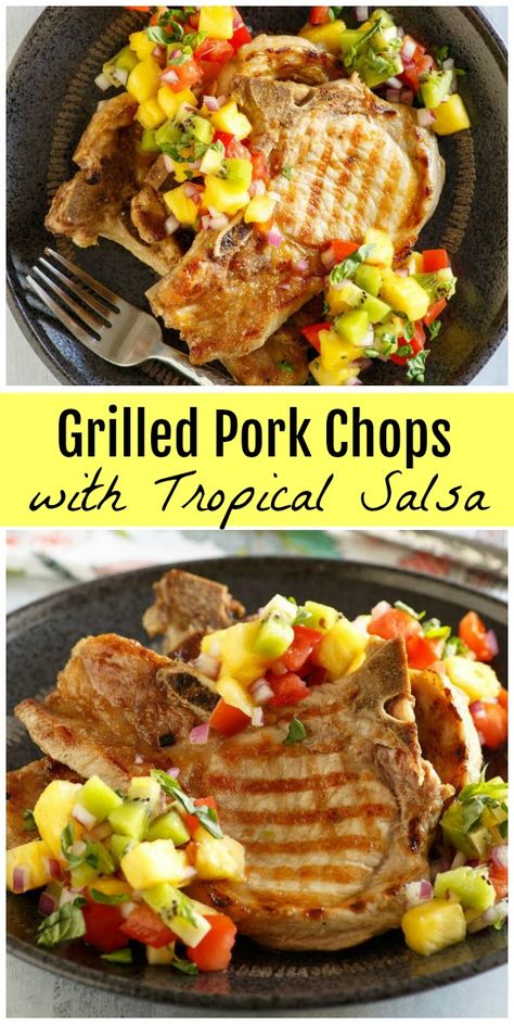 Grilled Pork Chops with Tropical Salsa recipe from RecipeGirl.com #grilling #porkchops #tropical #salsa #recipe #RecipeGirl Tropical Salsa Recipe, Bbq Pork Ribs, Tropical Food, Pork Rib Recipes, Grilled Pork Chops, Summer Grilling Recipes, Chops Recipe, Best Breakfast Recipes, Bbq Pork