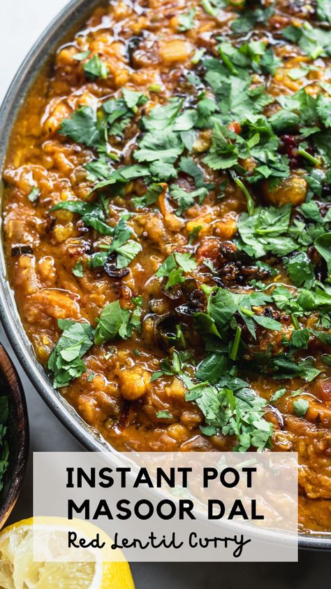 An easy and delicious dish that's also budget-friendly: Instant Pot Masoor Dal. Also known as Red Lentil Curry -- it's so fast to make in the Instant Pot! Instead of 30 minutes of cooking on the stovetop, the Instant Pot only takes 8 minutes! Add a Tadka or Tempered Oil to flavor the cooked red lentils. Enjoy with basmati rice or naan for the ultimate bowl of comfort! Red Lentils Instant Pot, Instant Pot Daal, Instant Pot Lentils, Instant Pot Dal, Lentils Instant Pot, Red Lentil Curry, Indian Lentils, Red Lentils, Lentil Curry