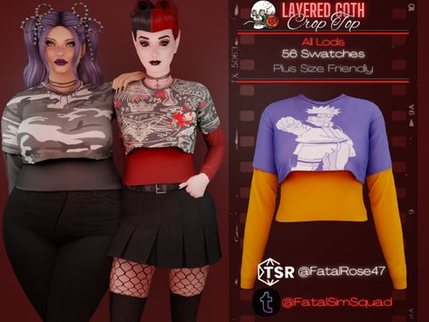 The Sims Resource - Layered Goth Crop Top Plus Size Sims 4 Cc, Tops Sims 4 Cc, Sun And Moon Dress, Goth Crop Top, Gothic Crop Tops, Layered Crop Top, Moon Dress, Sims 4 Downloads, Layering Outfits