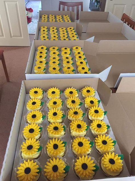 Sunflower cupcakes Sunflower Themed Cupcakes, Sunflower Pull Apart Cupcakes, Sunflower And Roses Cupcakes, Mini Sunflower Cupcakes, Piping Sunflowers Flower Cupcakes, Sunflower Cupcakes, Party Food, Sunflower, Cake