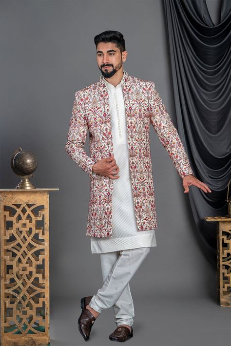 Heavy embroided open jacket indo western with inner kurta best for functions like wedding, haldi, sangeet, and more Western Outfits For Men, Indo Western Outfits For Men, Indowestern Outfits, Indo Western For Men, Sangeet Ceremony, Raw Silk Fabric, Outfits For Men, Open Jacket, Indo Western