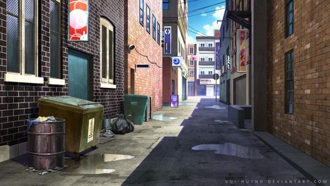 Alleyway by https://www.deviantart.com/vui-huynh on @DeviantArt Gacha Building Background Night, Anime Alleyway, Gacha Building, Vn Background, Mha Script, Background Night, Building Background, Episode Interactive Backgrounds, Anime Places