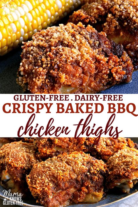 Crispy Baked BBQ Chicken Thighs is a meal that is in the oven in just minutes for a delicious and budget-friendly dinner. Covered in a homemade BBQ dry rub and gluten-free bread crumbs for a crispy and crunchy crust. Gluten-free with a dairy-free option. Recipe from www.mamaknowsglutenfree.com #glutenfree #glutenfreerecipe #dairy-free #BBQ #chickenthighs #glutenfreedinner #easyrecipe Breaded Chicken Thighs, Baked Bbq Chicken Thighs, Gluten Free Bbq, Bbq Chicken Thighs, Bbq Dry Rub, Oven Chicken Recipes, Baked Bbq Chicken, Gluten Free Main Dishes, Chicken Thigh Recipes Oven