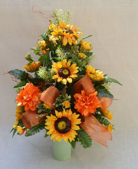 No.5056 Sun Flower Fall Cemetery Arrangement. by AFlowerAndMore Grandmas Flowers, Thanksgiving Arrangements, Grave Saddles, Headstone Decorations, Filler Greenery, Fall Cemetery, Cemetery Arrangements, Cemetery Ideas, Gravesite Decorations