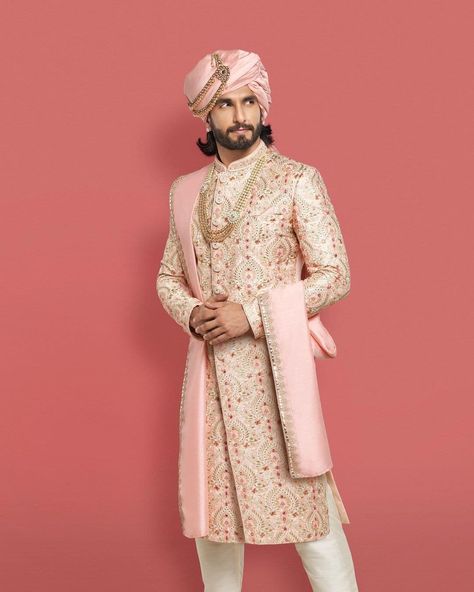 Indian High Fashion, Manyavar Sherwani, Haldi Poses, Sherwani Design, Peach Embroidery, Sherwani For Men Wedding, Male Wedding, Groom Dress Men, Wedding Outfits For Groom