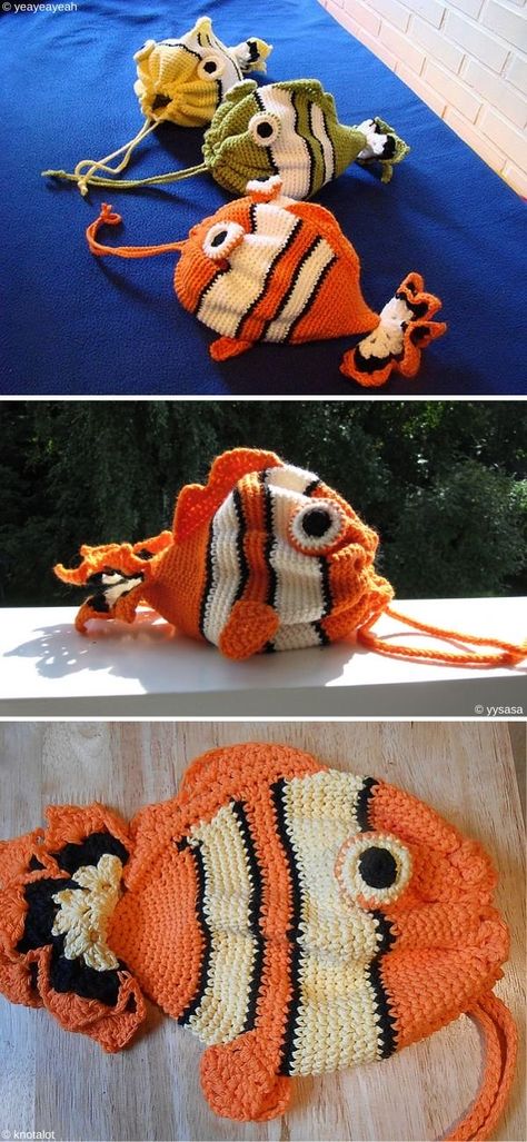 Crochet Fish Drawstring Bag, Animal Bag Crochet, Drawstring Crochet Bag Pattern Free, Crochet Drawstring Bag Pattern Free, Crochet Animal Bag, Crochet Fish Bag, Crochet Drawstring Bags, Crochet Drawstring Bag Pattern, Fish Pouch