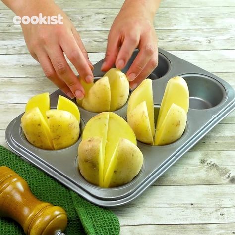 How to make the most delicious potatoes using a muffin tray | potato, muffin | Really doesn't get any easier than this! | By Cookist Wow Potato’s In Muffin Pan, Baked Potatoes In Cupcake Pan, Baked Potato In Muffin Pan, Cheesy Potatoes In Muffin Tin, Cupcake Pan Potatoes, Baked Potatoes In Muffin Pan, Potatoes Baked In Muffin Pans, Muffin Tin Potato Wedges, Potato Wedges In Muffin Tin