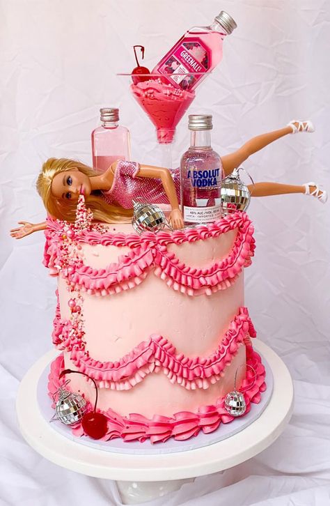 drunk barbie cake, barbie cake, summer-themed cake, summer theme cake, birthday cake, summer vibe cake, colorful cake, colourful cake ideas, tropical vibe cake, sunset tone cake Barbie Vintage Cake, Cake Summer Theme, Colourful Cake Ideas, Barbie Pink Cake, Summer Theme Cake, Birthday Cake Summer, Drunk Barbie Cake, 21 Cake, Colourful Cake