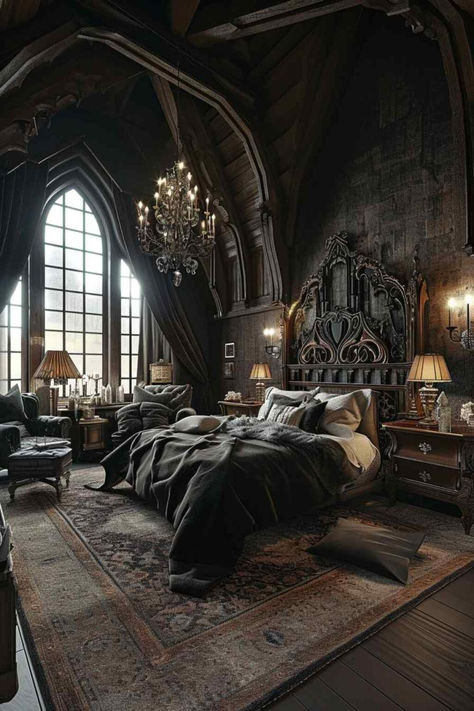 32 Romantic Getaways: Attic Bedrooms Embracing Gothic Elegance Gothic Bedroom Ideas, Medieval Bedroom, Gothic Interior Design, Hotel Bedroom Design, Castle Bedroom, Gothic Interior, Gothic Bedroom, Fantasy Bedroom, Gothic Castle