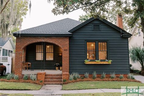 Renovated Brick House Exterior, Dark Blue And Brick House Exterior, Tiny Craftsman House, Cedar And Brick Exterior, Black Siding With Brick, Small Square House Exterior, Dark House With Brick, Red Brick And Black Wood Exterior, Small House Dark Exterior