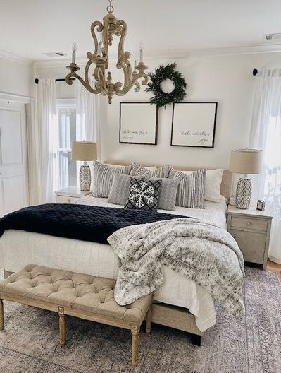 Come take a tour of our neutral and cozy Christmas bedroom. This bedroom has a splash of navy, snuggly textures, and holiday greenery. Navy And Beige Master, Navy Tan And White Bedroom, Navy Blue Cream Gray Bedroom, Navy Ivory And Gold Bedroom, Navy Blue And Neutral Bedroom, Navy And Cream Bedding, Navy Blue Christmas Bedroom, Beige Navy Bedroom, Neutral Bedroom With Navy Accents