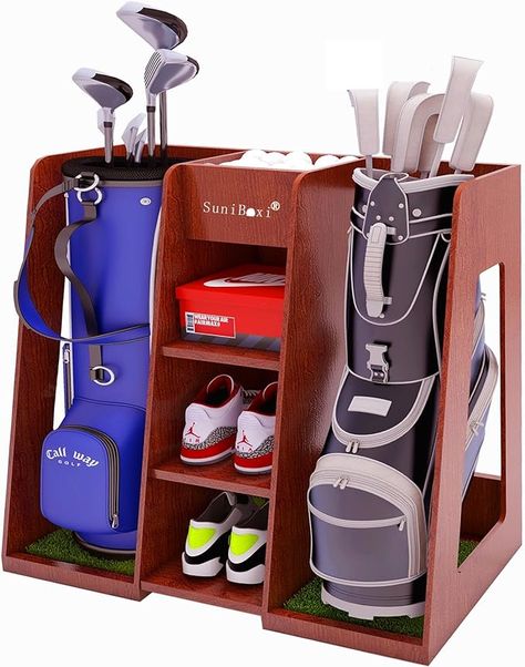 SuniBoxi Golf Bag Organizer, Premium Wooden Golf Storage Rack, Stylish Heavy-Duty Golf Club Storage Rack for Garage, Indoor Spaces, Basements, and More(Double-Dark Brown), Golf Club Bag Accessories - Amazon Canada Golf Bag Storage, Golf Storage, Baskets For Men, Wooden Storage Cabinet, Golf Gifts For Men, Metal Storage Cabinets, Garage Shed, Storage Bags Organization, Golf Bag