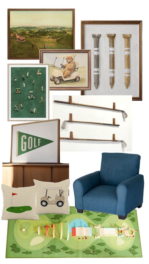 Golf themed kids room decor with framed vintage art such as bear golfing, irons on wall hung by leather straps, golf rug game, and similar items for play room or bedroom decor Baby Boy Nursery Room Design, Golf Nursery, Framed Vintage Art, Golf Room, Golf Baby, Themed Kids Room, Golf Decor, Golf Theme, Nursery Room Design