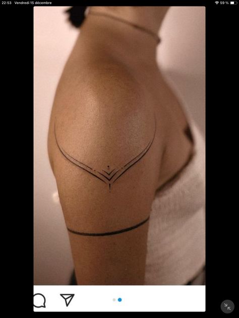 Female Nordic Tattoo, Tattoos On V Line Women, Upper Armband Tattoo For Women, Upper Arm Ring Tattoo, Upper Arm Cuff Tattoo For Women, Tiny Tattoos Shoulder, Free Woman Tattoo, Feminine Geometric Tattoo, Wrap Around Shoulder Tattoos For Women